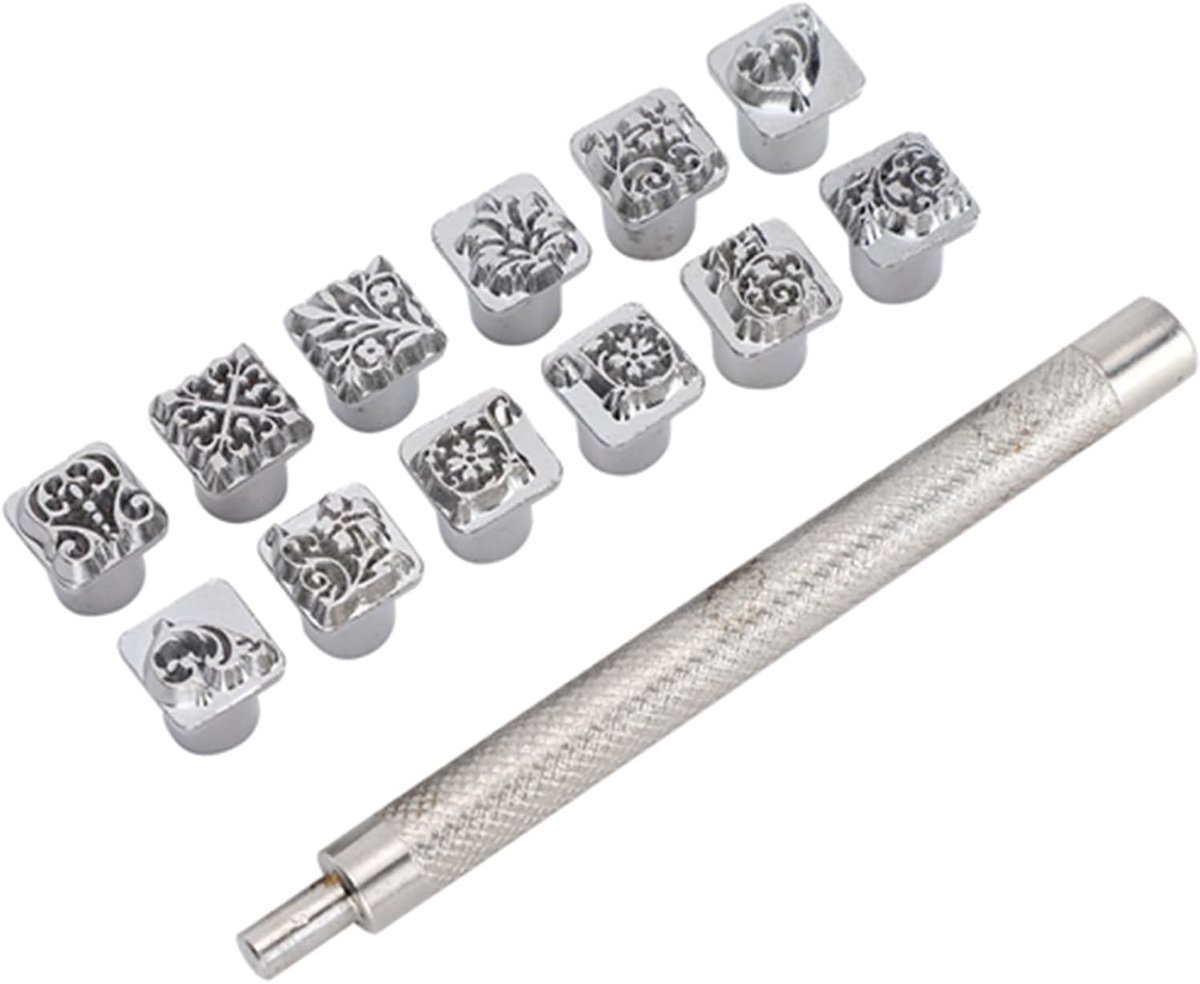 Metaalstempelgereedschap voor leer, 12 stuks, doe-het-zelf zinklegering, leer, stansgereedschap, bloemenpatroon, plant, stampers, zadel, maken tool met 1 stuk handvat voor reliëf, metaal, hout