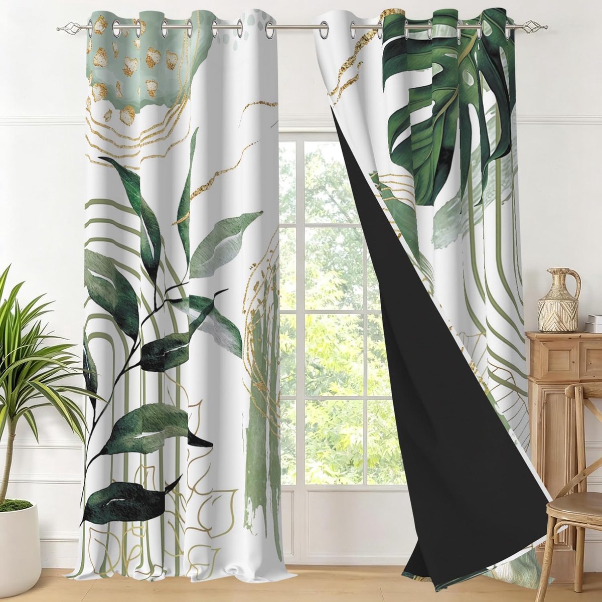 Groen, ondoorzichtig, tropisch, bohemien, palmbladeren, thermisch gordijn, isolerend, tegen kou en hitte, ooggordijn voor slaapkamer, raam, 2 stuks, 140 x 200 cm