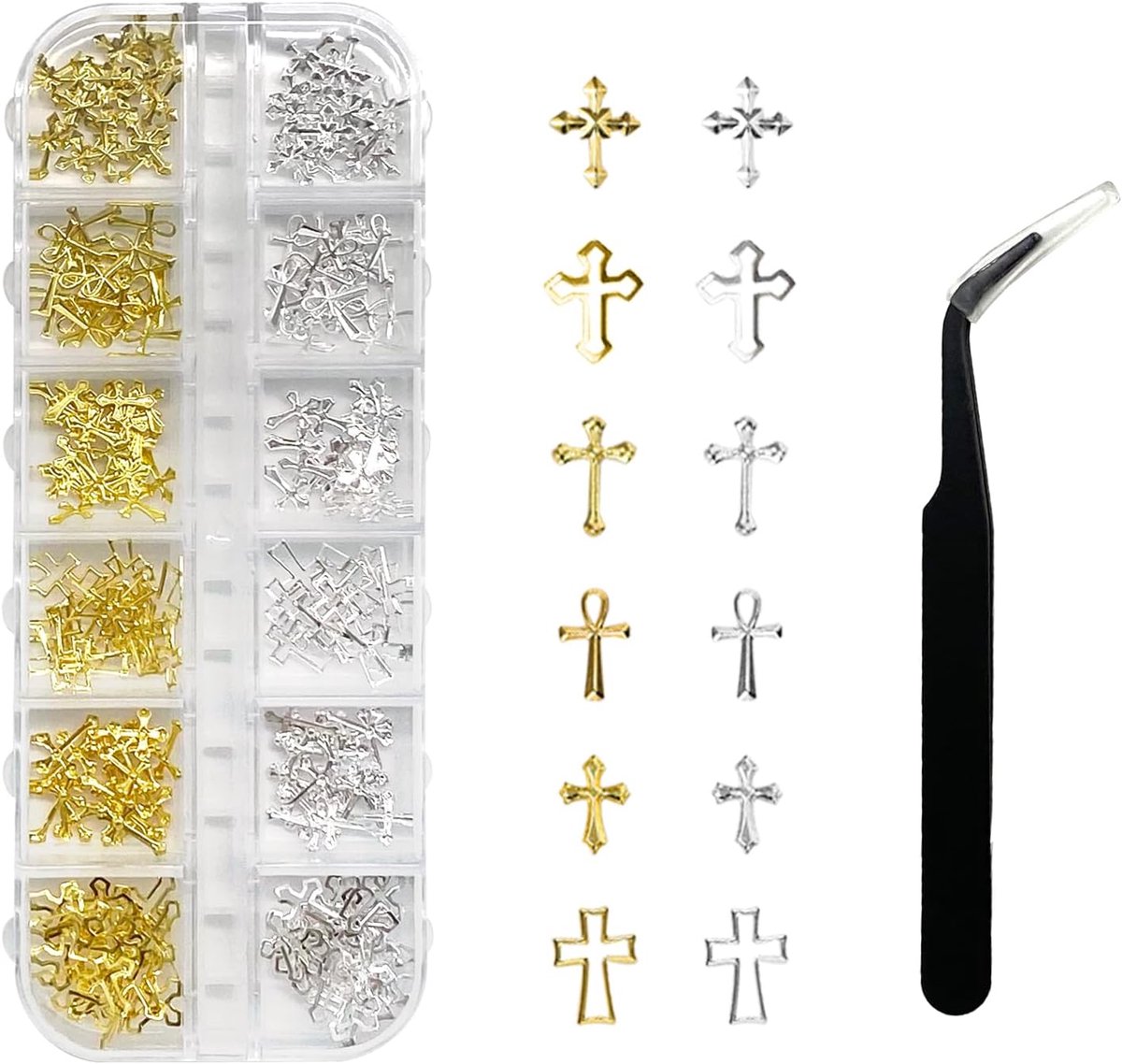 1 doos 3D gouden en zilveren kruis nagelbedels, trendy metalen kruis accessoires voor elegante manicure, retro punk stijl, doe-het-zelf ambachtelijke nageldecoratie accessoires
