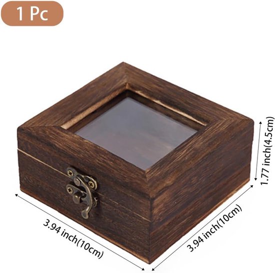 Houten opbergdoos, 10 x 10 x 4,5 cm, met glazen deksel, metalen sluiting, kleur bruin, kleine decoratieve vitrine voor het opbergen van herinneringen, verzamelmonsters — afbeelding 2