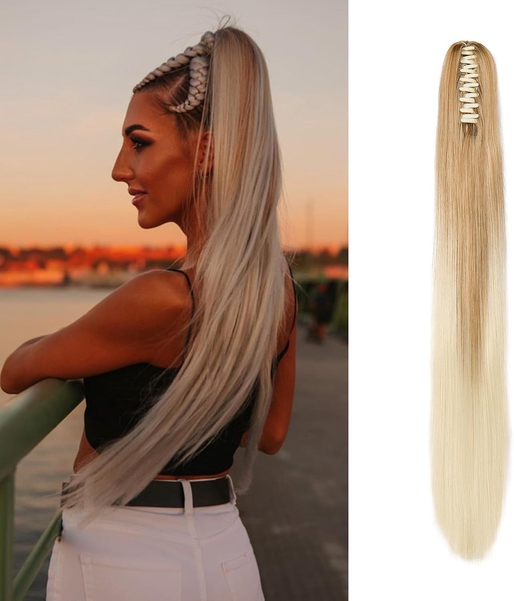 Klauw op Paardenstaart Haarstuk Vlecht Verlenging Rechte Lange Paardenstaart Extensies Haarverlenging Synthetische Ponytail, 55cm Donkerblond ombrebleekblond