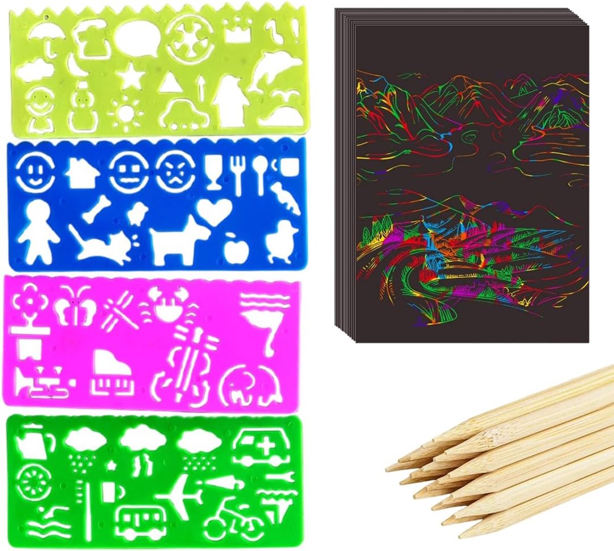 50 stuks Scratch Art 4-12 jaar met 5 houten stokjes en 4 herbruikbare sjablonen, regenboogpapier, creatieve ontwerpen, knutselset voor kinderen, perfect cadeau voor verjaardagen en feestjes