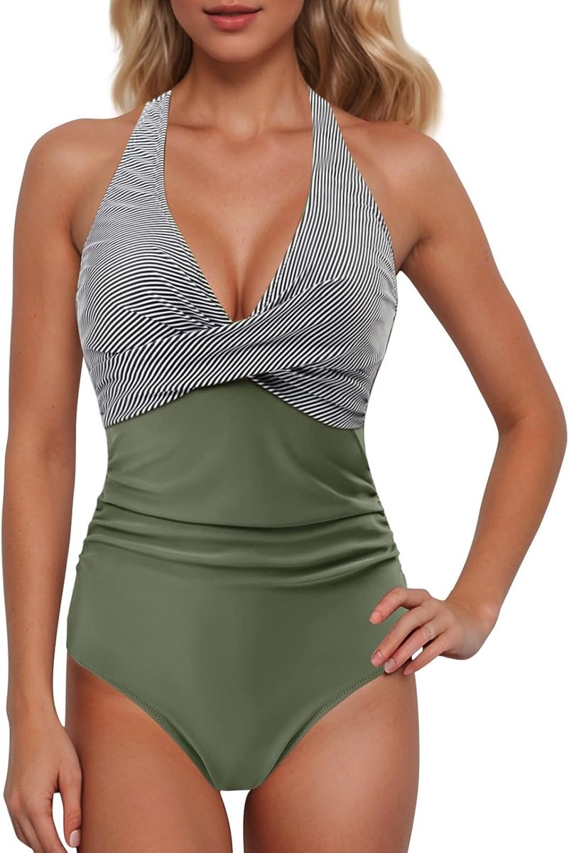 Badpak voor dames met push-up-effect, eendelig met plooien, diepe hals, modieus badpak voor strand en zwembad, elegant eendelig eendelig met verstelbare bandjes, hoge rug