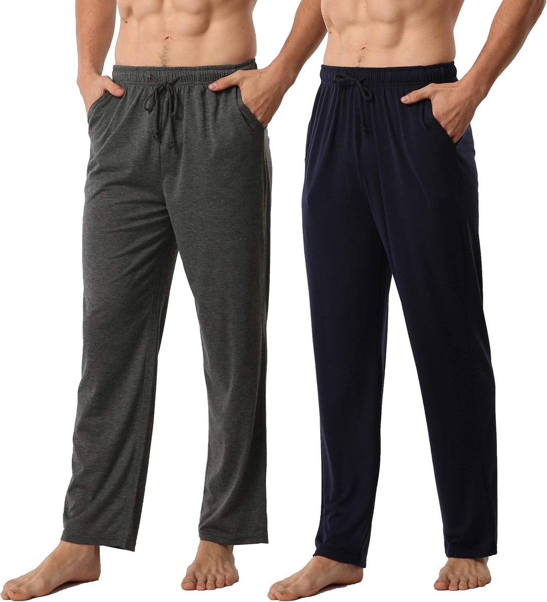 2 stuks pyjamabroek voor heren, lang, zacht, licht, gebreid, pyjamabroek, slaapbroek, vrijetijdsbroek met zakken en trekkoord, elastische tailleband