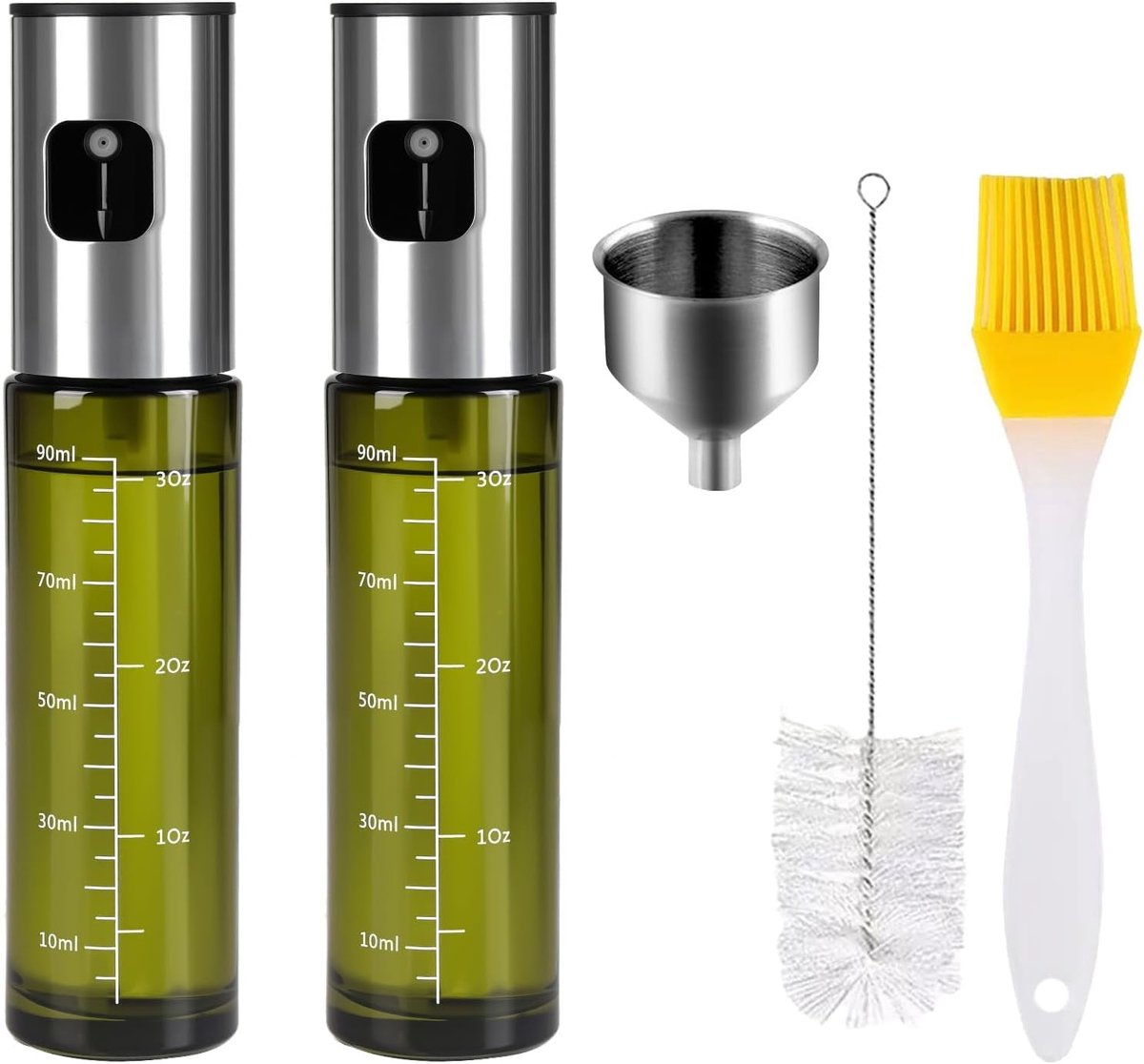 2-delige set oliespuitfles en olijfolieverstuiver, 100 ml glazen dispensers, lichtdichte kooksprayfles voor airfryers, keuken, salades en BBQ
