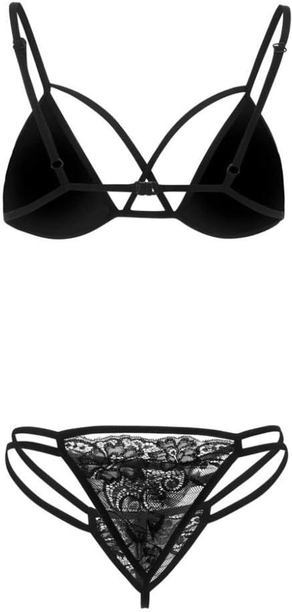 Babydolls, nachtjaponnen & negligés dames 2 ST Erotische Porno Vrouwelijke Lingerie Kanten Beha Bandage Thong Verleiding Ondergoed Sexy Lingerie Perspectief Vrouwen Nachtkleding Set-Black_XXL