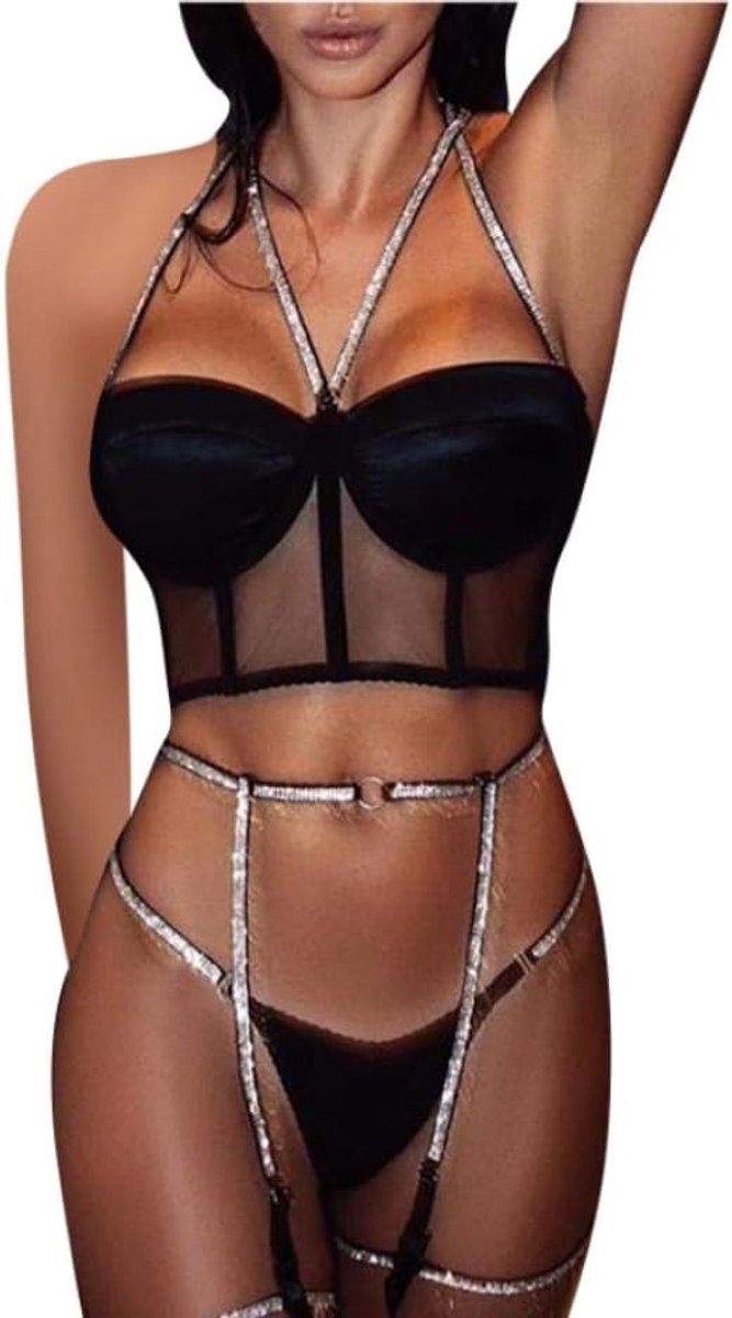 Babydolls, nachtjaponnen & negligés dames 3 ST Bandage Dames Sexy Lingerie Kant Knipperende Diamant Beha String Kousenband Verleiding Porno Mujer Erotische Nachthemd Set-Black_XL