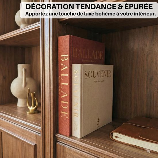 Woondecoratie van linnen, set van 2 luxe geheime dozen voor boekenkast of woonkamerplank - dummy boeken met afstandsbediening of andere voorwerpen (terracotta & beige) — afbeelding 2