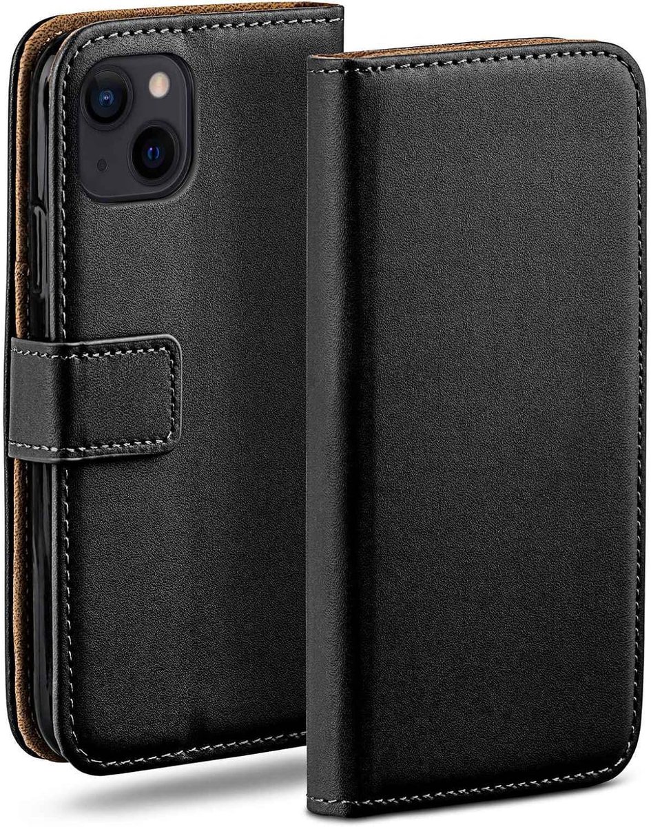 Moex Book Case voor iPhone 15, telefoonhoes met kaartenvak, inklapbare 360 graden beschermhoes, klaphoes, flip case, PU-leren telefoonhoesje, leren hoes, zwart