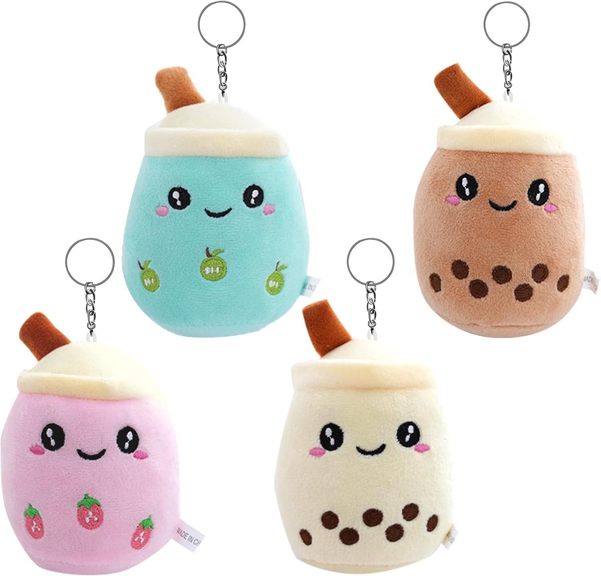 4 stuks Bubble Tea pluche dier, klein Bubble Tea knuffeldier, pluche dierspeelgoed met sleutelhanger, gevuld pluche kinderspeelgoed met sleutelhanger, voor kinderen, verjaardag, gastgeschenken