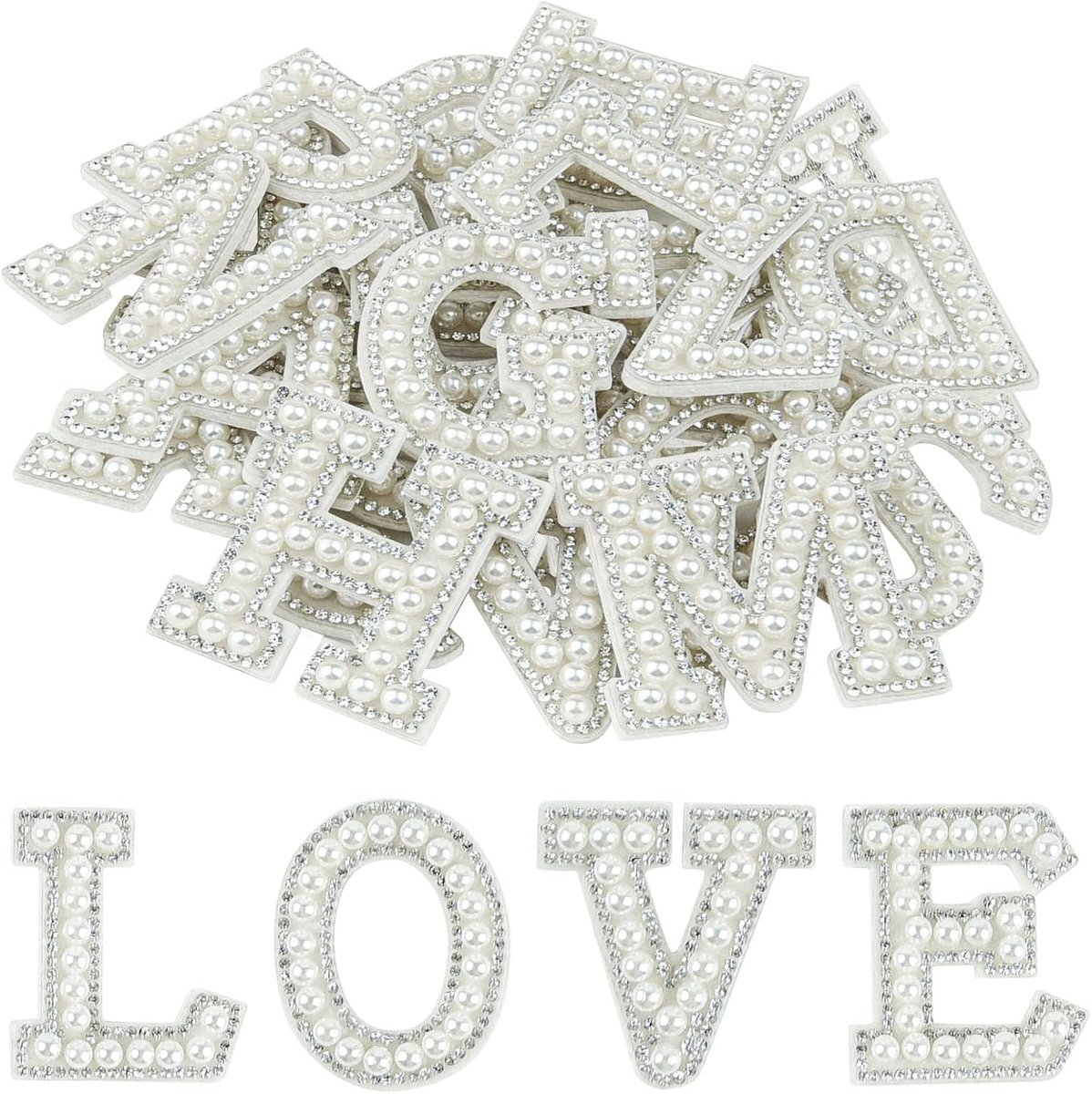 26 stuks parelstrass letterpatches zelfklevende A-Z, opplakbare parel letterpatches voor kleding, stof, rugzak (wit)