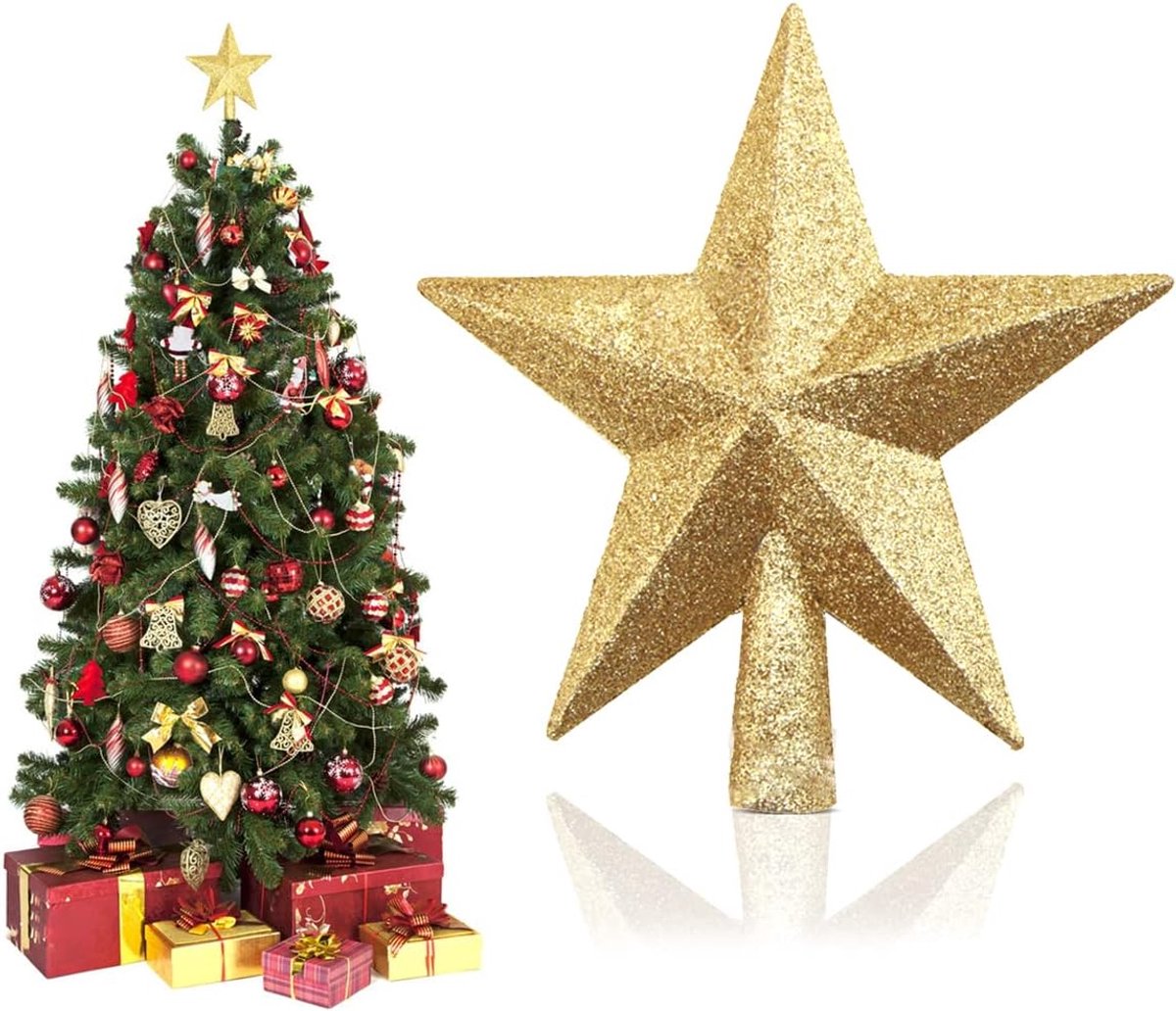 Kerstster voor kerstboom, glitter, kunststof, 20 cm, goudkleurig