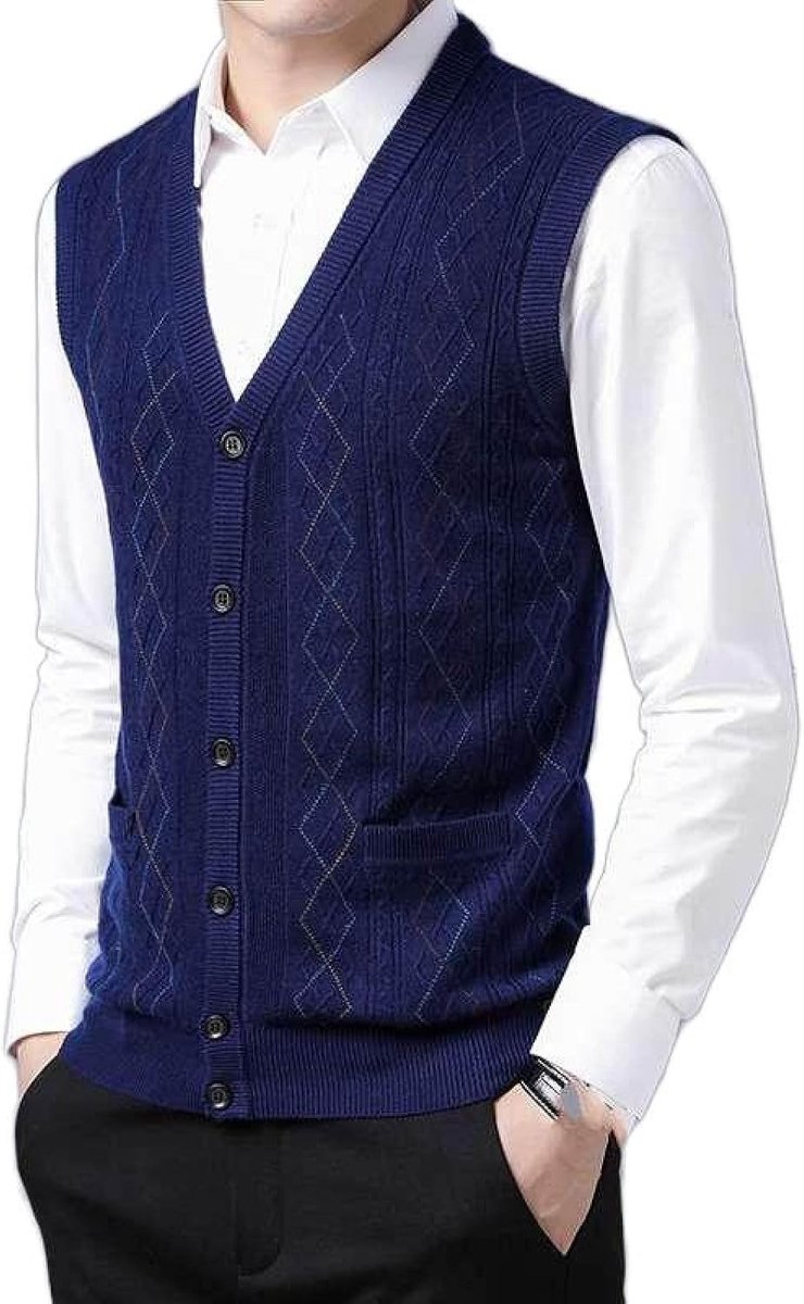 Kasjmier Gemengd Gebreid Vest Met V-Hals, Klassiek Kleurblok Kabel Gebreid Casual En Veelzijdig Mouwloos Vest, Zakelijk Heren Breigoed Gebreid Vest Trui Vest Tanktops, Marineblauw, Xs