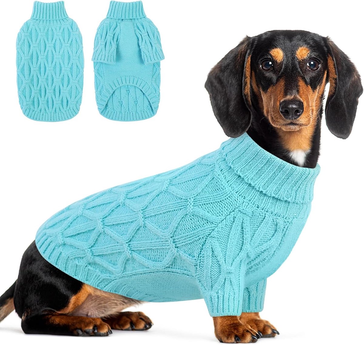 Teckeltrui, rekbare warme kabel gebreide hondentrui voor middelgrote rassen Jack Russell, teckel (worsthond), windhond, meerblauw, M