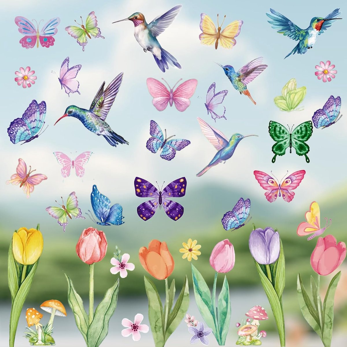 Raamafbeeldingen lente, 8 vellen lente raamstickers tulpen kolibrie vlinder bloem,ente, herbruikbaarzelfklevende raamafbeeldingen dubbelzijdige raamstickers voor lente raamdecoraties