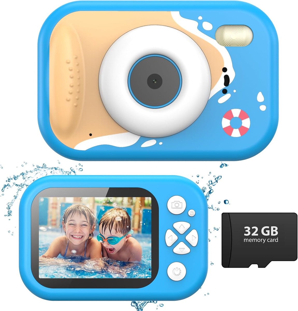 Camera voor kinderen, dompelcamera, voor kinderen, 10 m, waterdicht, 48 MP, video, 1080p, met flits, ideaal voor zwembad, strand, snorkelen, cadeau voor kinderen, met kaart 32 GB