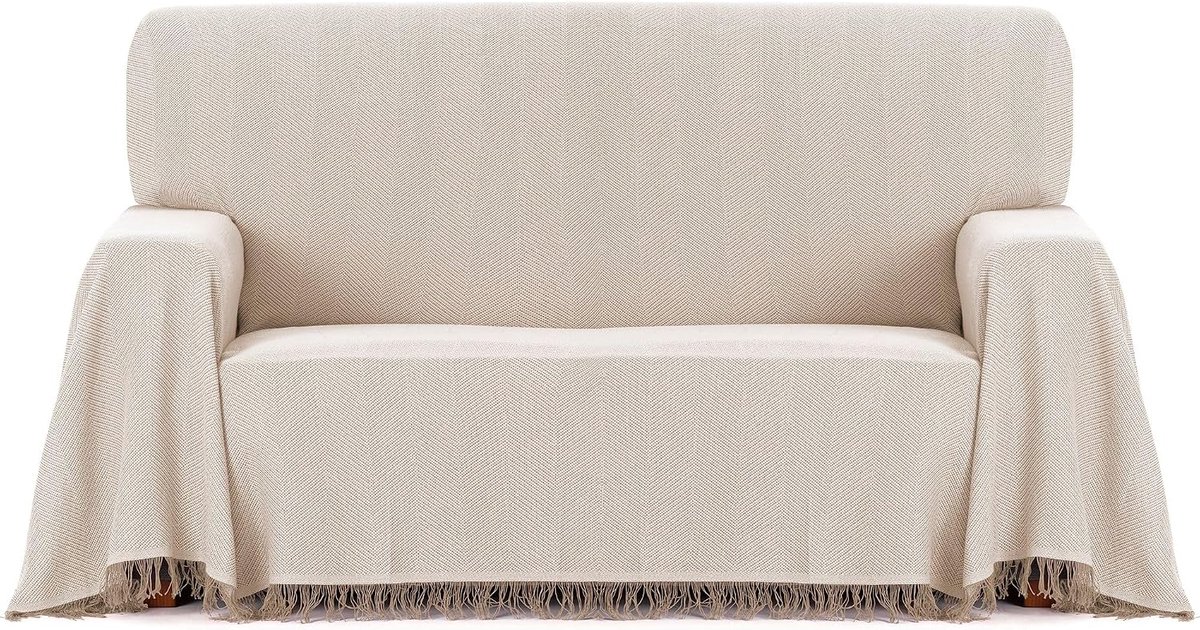 Multifunctionele sprei van jacquard-stof met franjes, afmetingen 230 x 260 cm, ideaal voor bank en bed, ademend en zacht, beige
