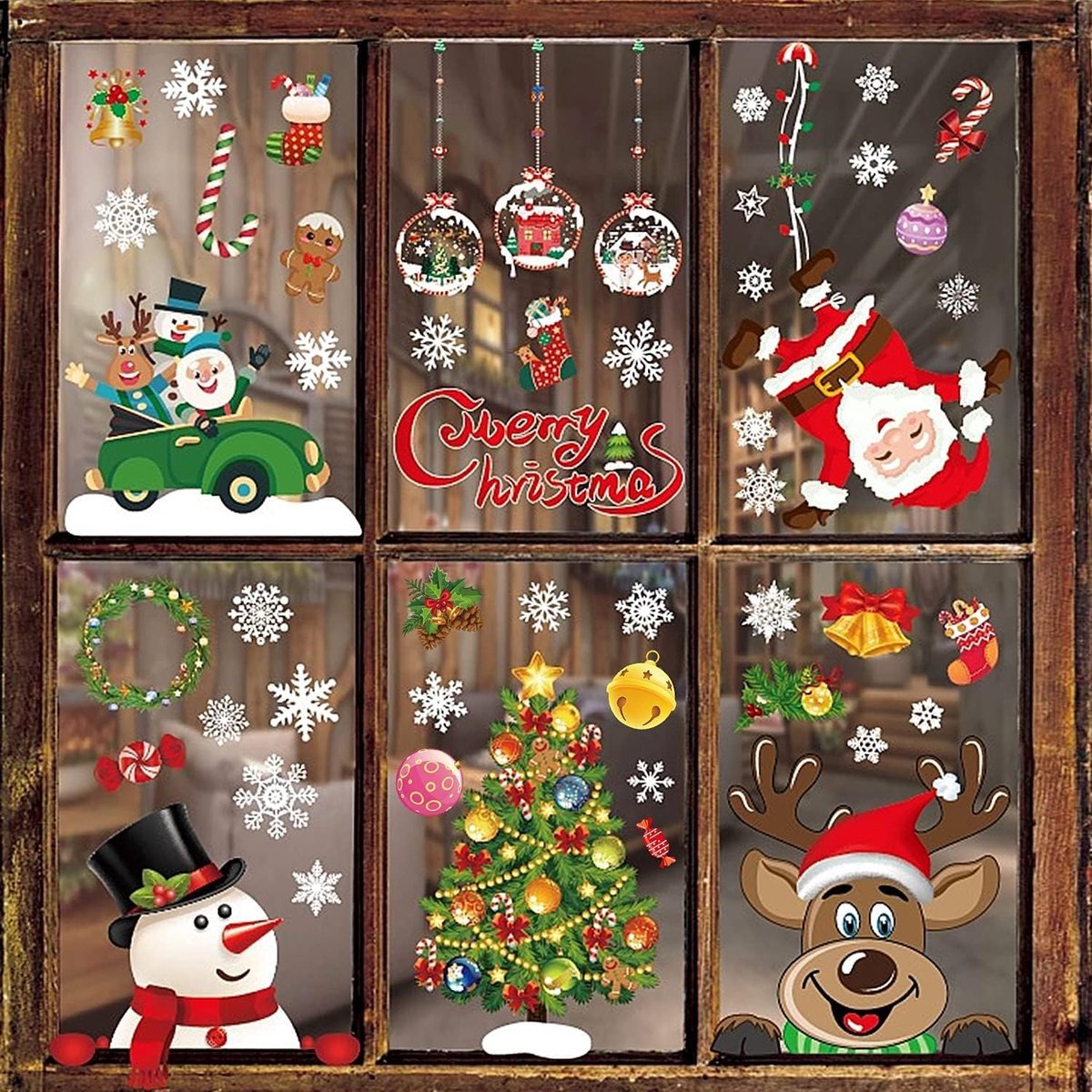 Raamafbeeldingen, 8 stuks zelfklevende kerst raamafbeeldingen, herbruikbare kerst raamdecoratie, kerst raamstickers PVC, DIY kerstdecoratie (kleur)