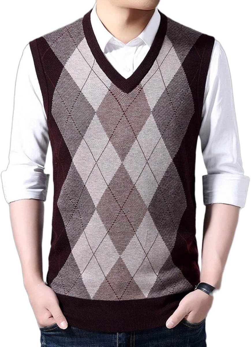 Argyle Gebreid Vest Met V-Hals, Klassiek Mouwloos Casual Jacquard Herenvest Met Pullover Dieptepunt, Zakelijk Heren Breigoed Gebreid Vest Trui Tanktops, Wijnrood, S