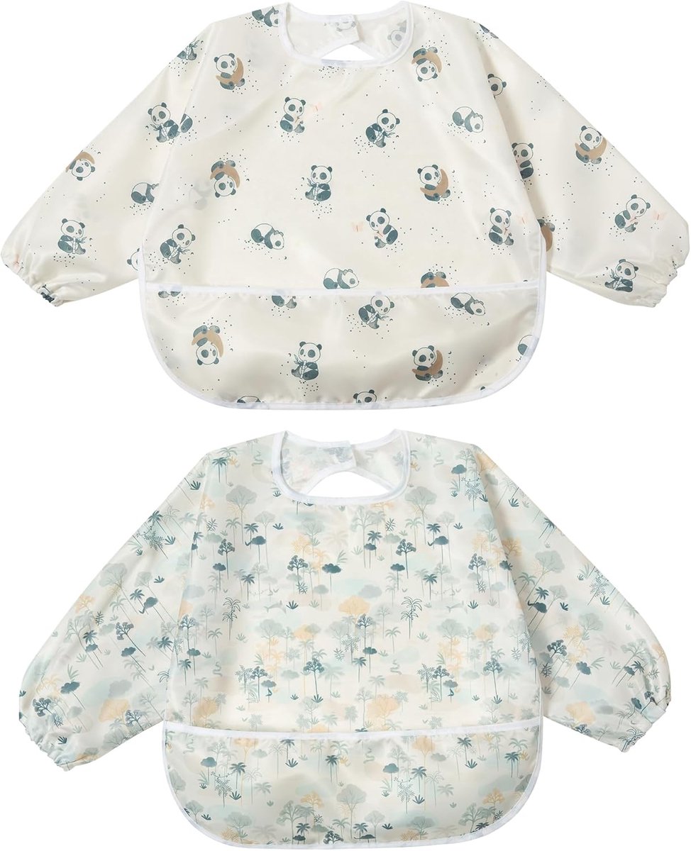 Dimsum Lange Mouwen Peuter Slabbetjes | Waterdichte Baby Voedingsoverall Set | Vangt Eten & Veeg Schoon 6-36 Maanden