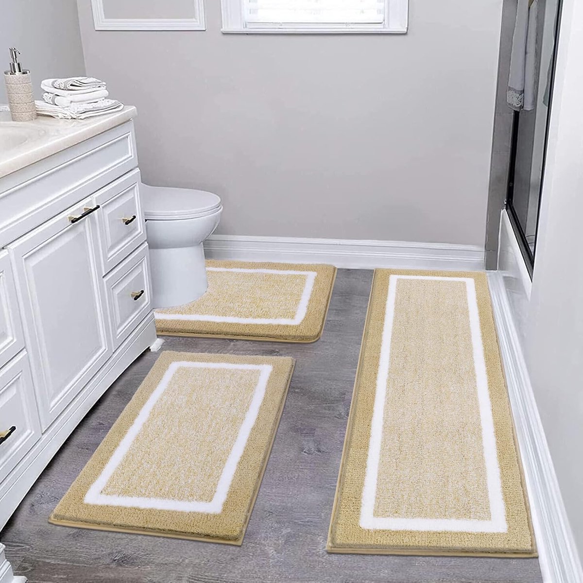 Badmatten & Badtapijten Set 3-delig Microvezel Antislip Waterabsorberende Badkamerteppich Machinewasbaar Badmat en Toiletmat voor Douche, Badkuip en WC, Beige