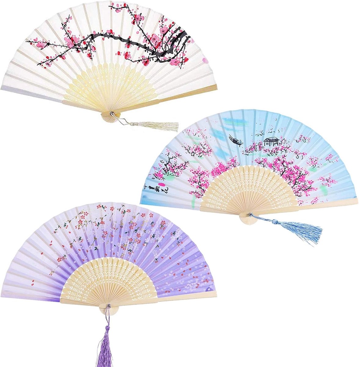 Fans,3 STKS Folding Fans Bamboe Fans Zijde Vouwen Fans met Kwastje Pocket Fans Japanse Dansende Fans voor Wanddecoratie Bruiloft Gift