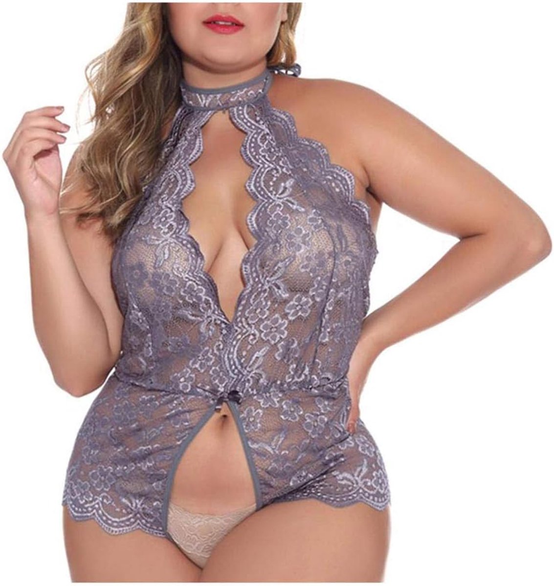 Sexy kanten nachthemd bretels sexy lingerie vrouwen petticoat lingerie pyjamaVrouwen Bodysuit Sexy Jumpsuit Dames Sexy Ondergoed Halter Hals V-hals Kant Doorzichtige Een Stuk Sexy Lingerie-C_XL