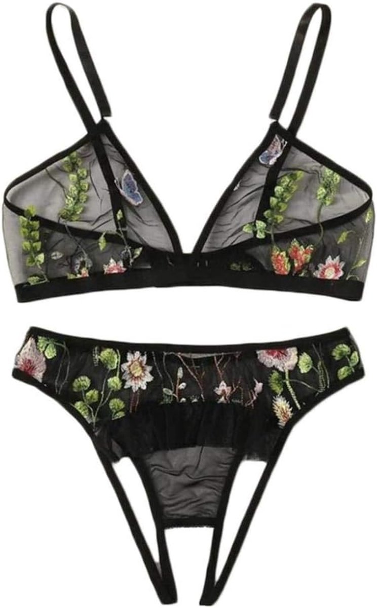 Sexy dames erotische lingerie Sexy Lingerie G-String Dames Ondergoed Borduurwerk Kanten Beha String Porno Transparent-Black_L