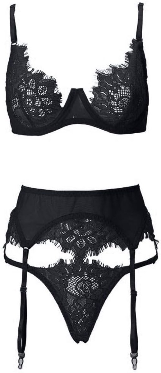 Babydolls, nachtjaponnen & negligés dames 3 ST Sexy Lingerie Kant Vrouwen Beha G-String Kousenband Halter Holle Perspectief Erotische Lingerie Porno Dames Ondergoed Nachtkleding Set-Black_L
