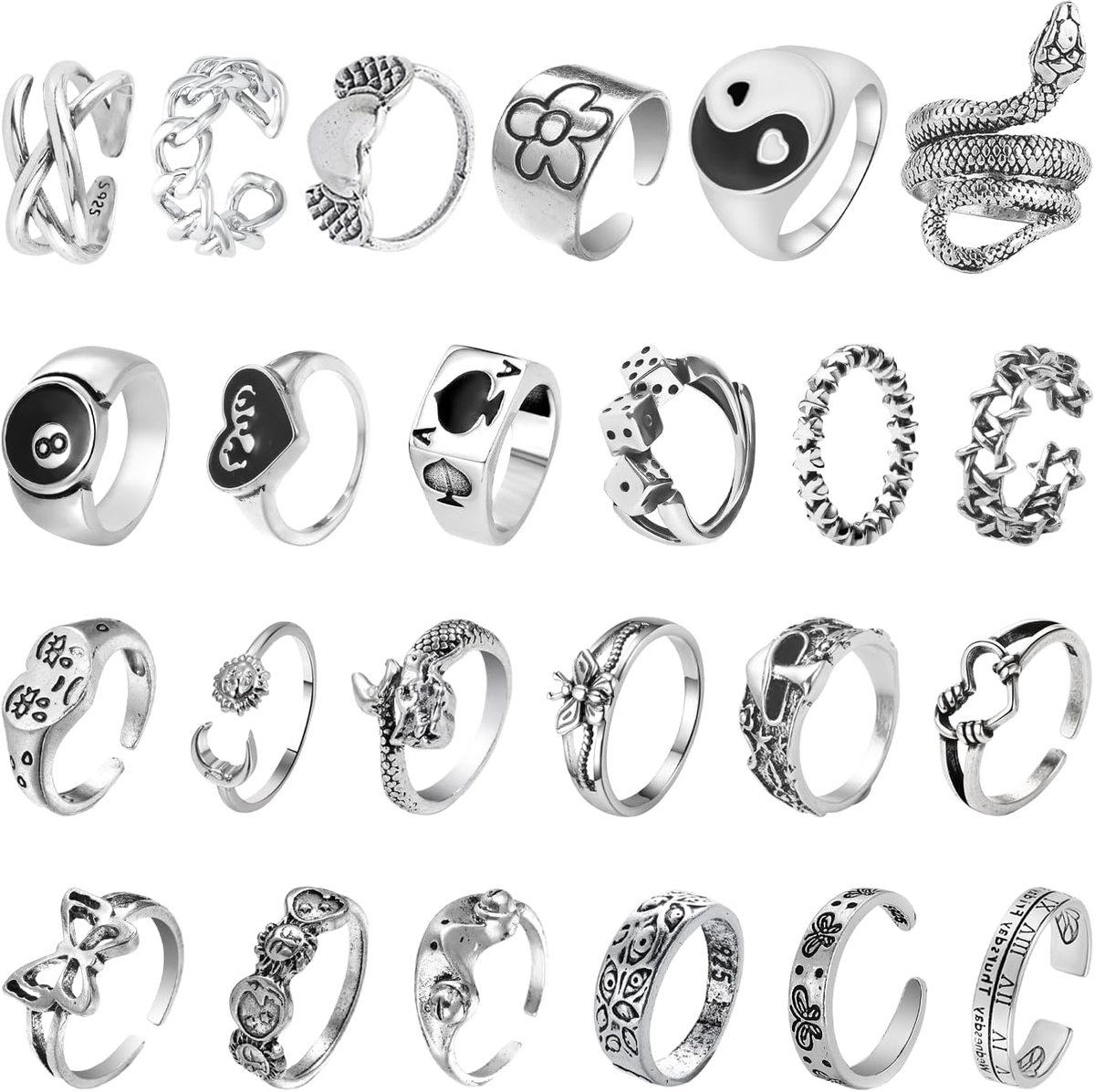 Ringen, zilveren ringenset, verstelbare unisex-ringen, punk, gothic, slangen en coole stapelringen