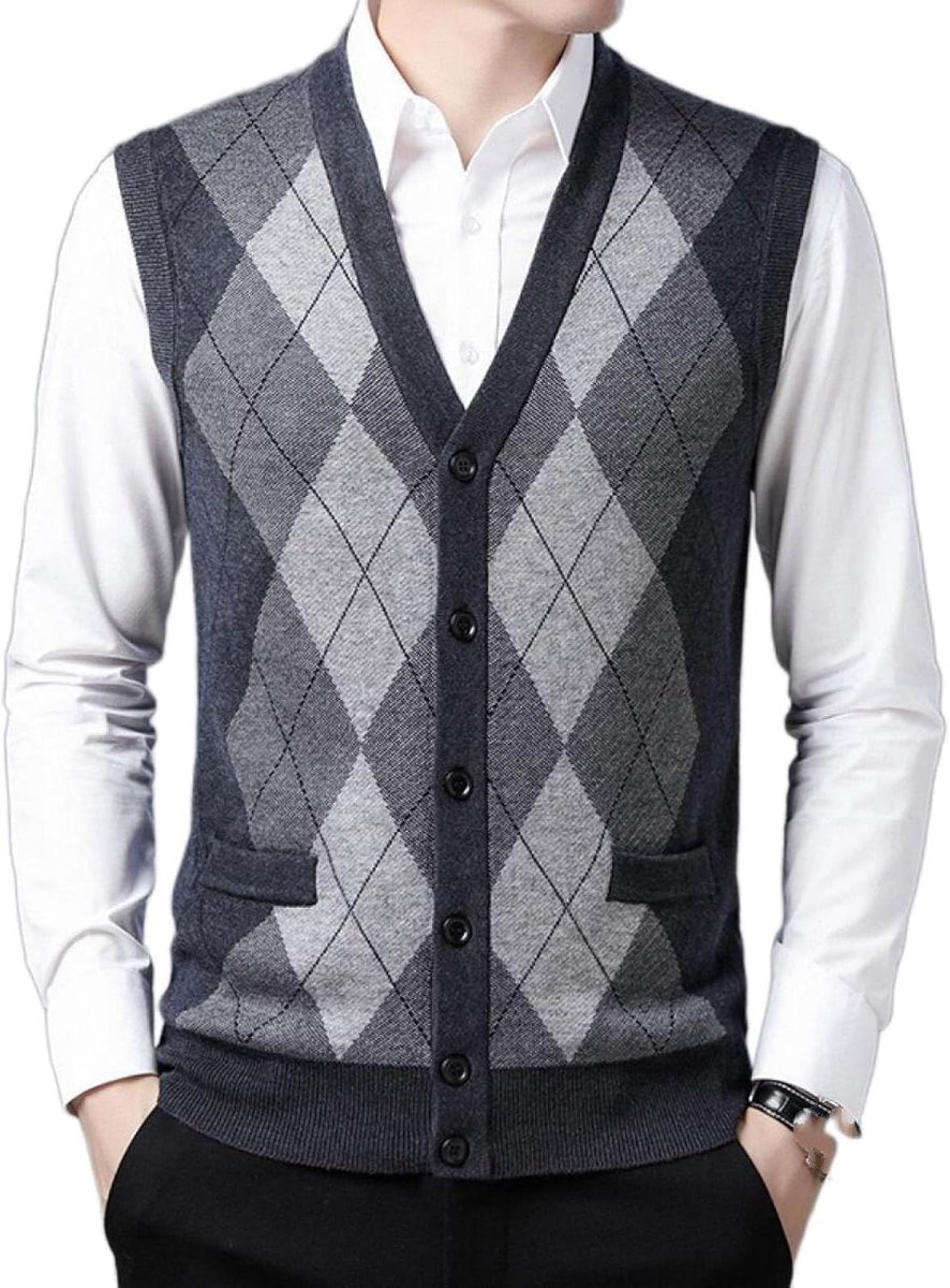 Mouwloos Argyle V-Hals Vest, Jeugdmode Heren Gebreid Vest Bovenkleding Casual Trendy Trui, Klassiek Zakelijk Heren Breigoed Gebreid Vest Trui Vest Tanktops,Donkergrijs,S