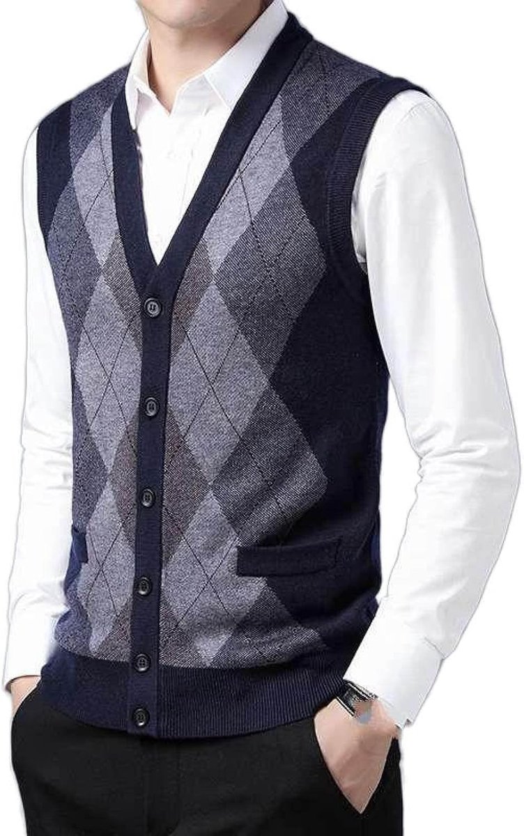 Kasjmier Gemengd Argyle Gebreid Vest Met V-Hals, Klassiek Kleurbijpassend Ruitpatroon Casual En Veelzijdig Mouwloos Vest, Heren Gebreide Trui Vest Tanktops, Marineblauw, S