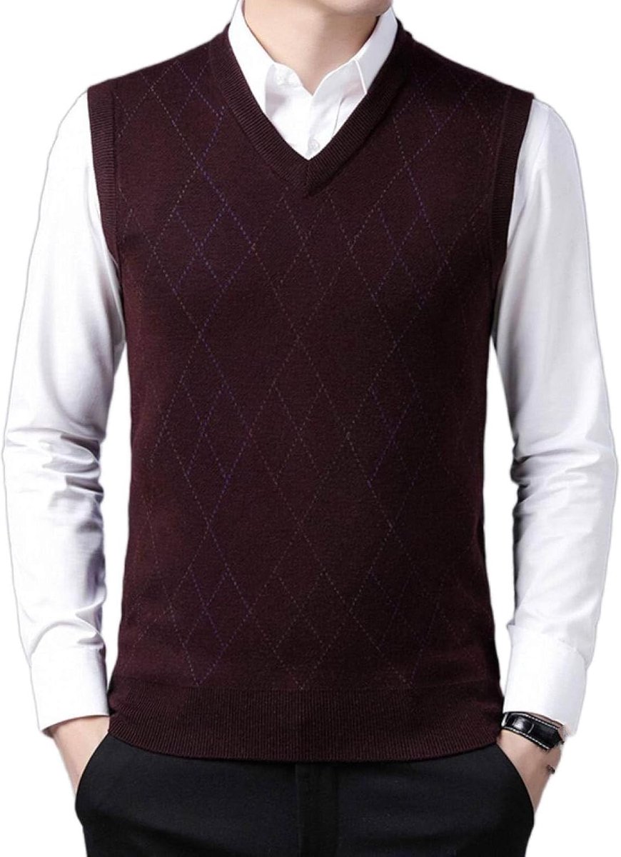 Jeugd Heren Argyle V-Hals Vest, Klassiek Slank Mouwloos Truitje Effen Kleur Gebreid Vest, Casual Business Gentleman Knitwear Vest Sweater Tank Tops,Wine Red,S