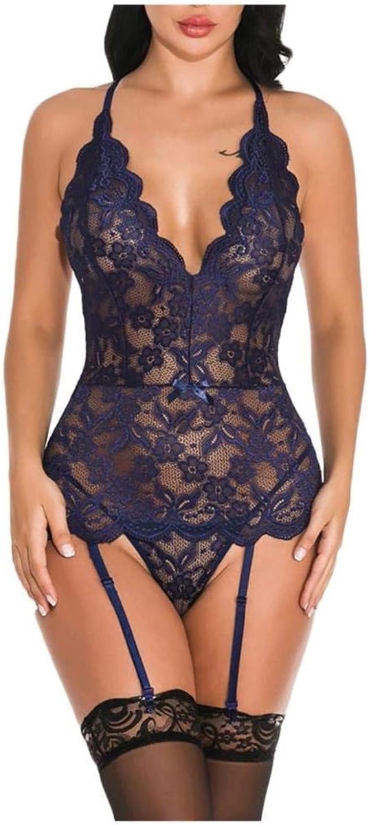 Lingerie & ondergoed Vrouwen Sexy V-hals Backless Ondergoed Erotische Lingerie See Through Hollow Out Lace Nachtkleding Porno Kostuum Lenceria Mujer Babydoll-White_M