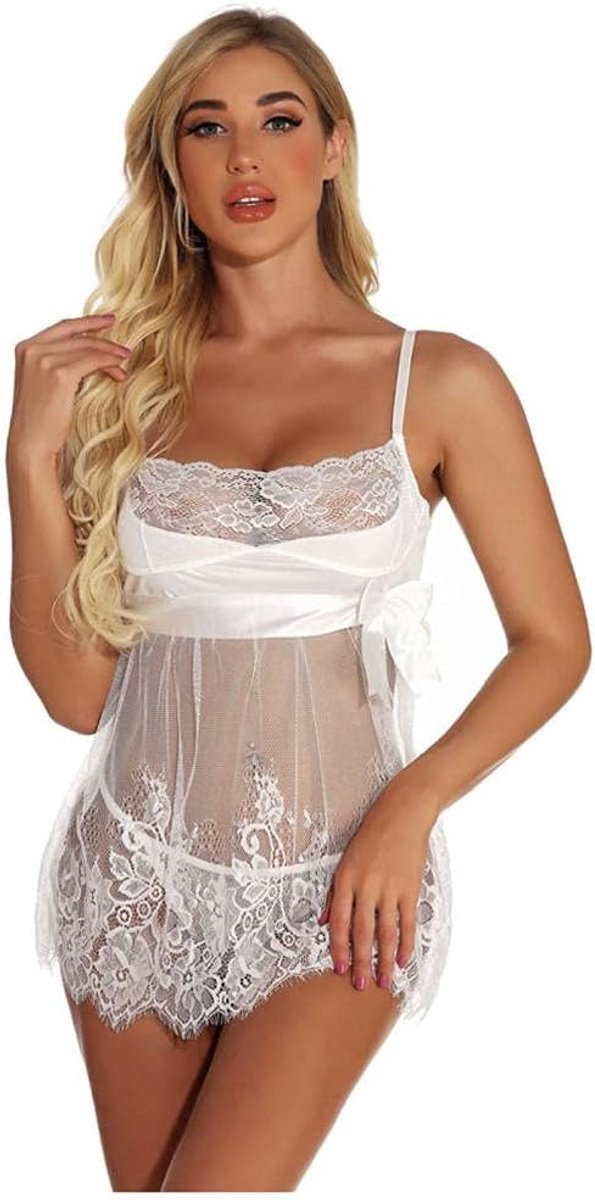 Babydolls, nachtjaponnen & negligés dames Sexy Lingerie Kant Transparant Ondergoed Vrouwen Backless Kostuums Vrouw Uitgehold Nachtkleding-WHITE_S