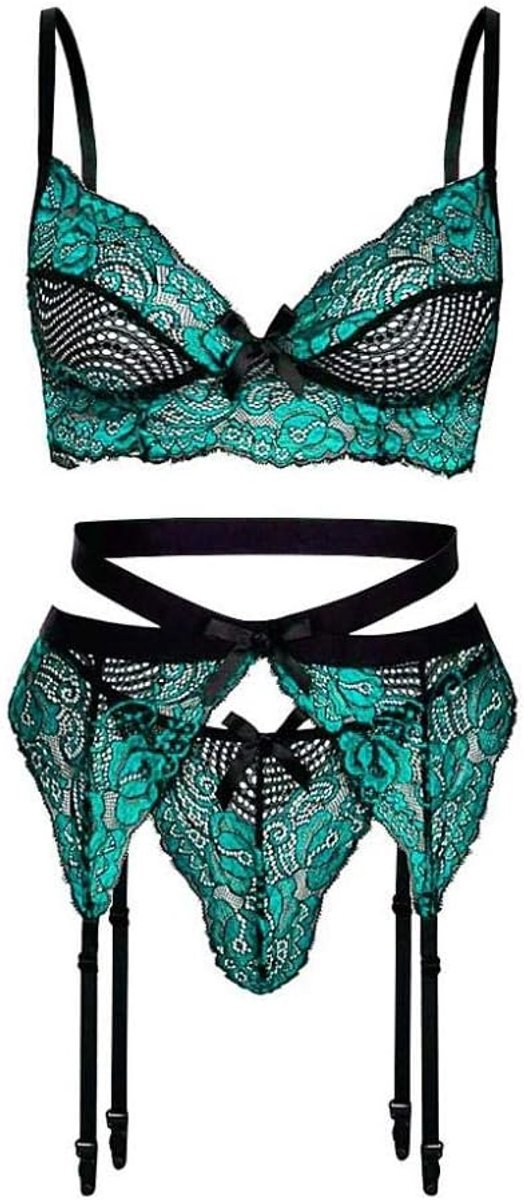 Dameskleding 3 ST Sexy Lingerie Vrouwen Borduren Kanten Beha Kousenband String Verleiding Ondergoed Erotische Porno Dames Nachtkleding Set-green_L