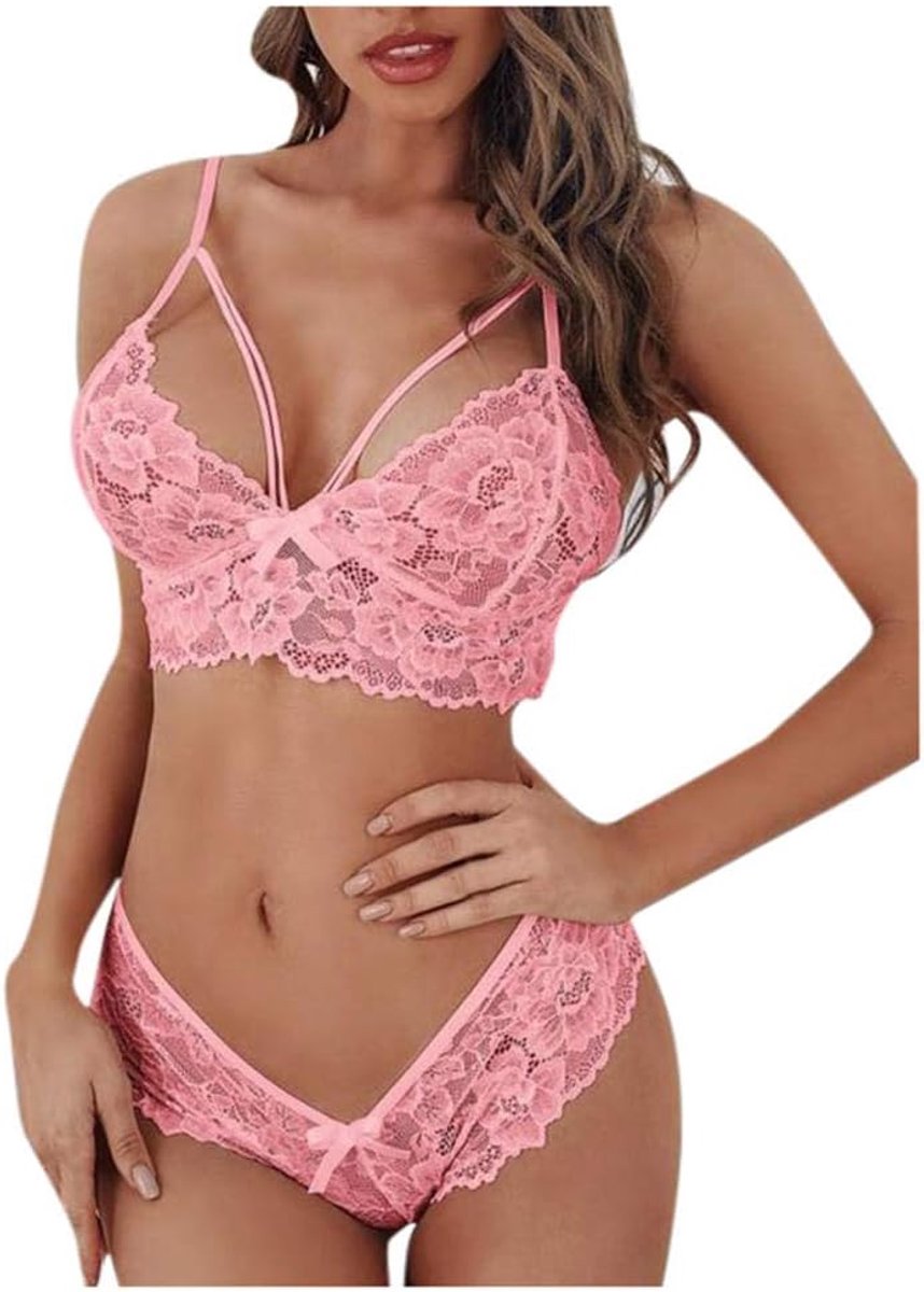 Lingerie Dameslingerie 2 ST Vrouwen Lingerie Corset Kanten Beha G-String Verleiding Porno Ondergoed Bandage Dames Nachtkleding Set-Pink_S