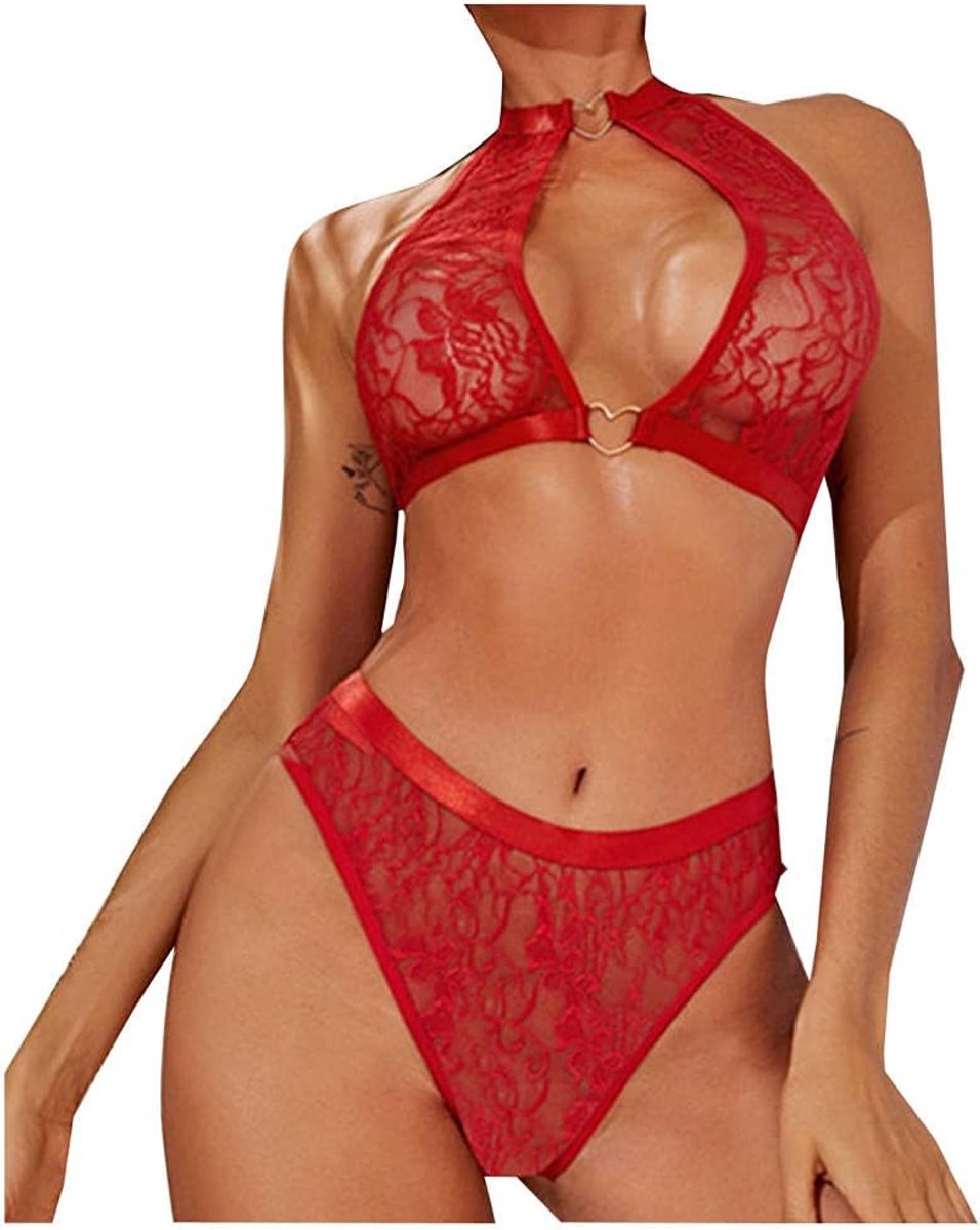 Lingerie Dameslingerie Vrouwen transparant kant sexy lingerie bh string hart halter nachtkleding set-red_L