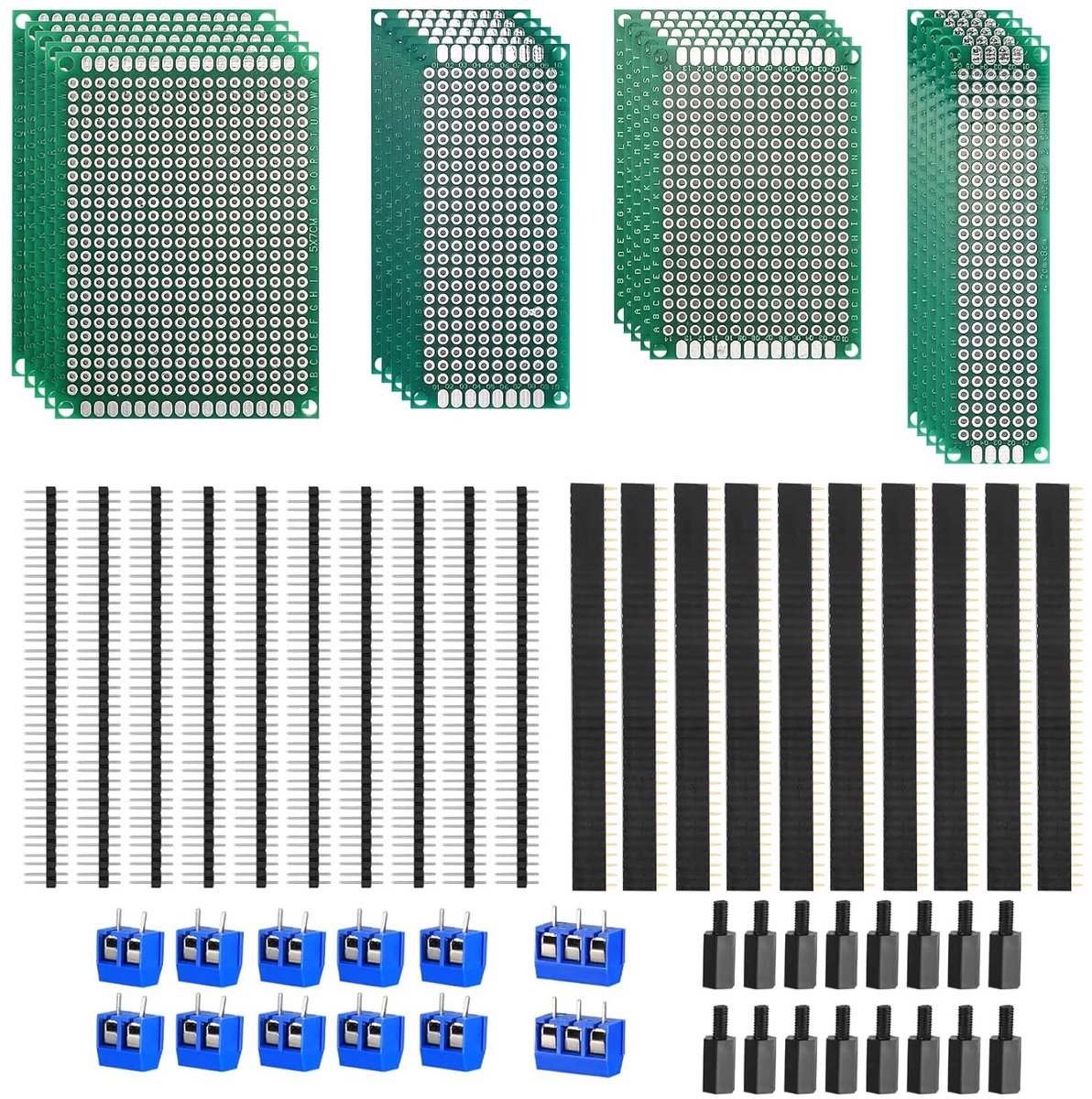 68-delige Dubbelzijdige Geperforeerde Breadboard Set, 20 stk Universele Pcb's, 20 Mannelijke Vrouwelijke Strippen, 40-pins Header, 12 2P & 3P Schroefklemmen, 16 Nylon Zeskant Kolommen