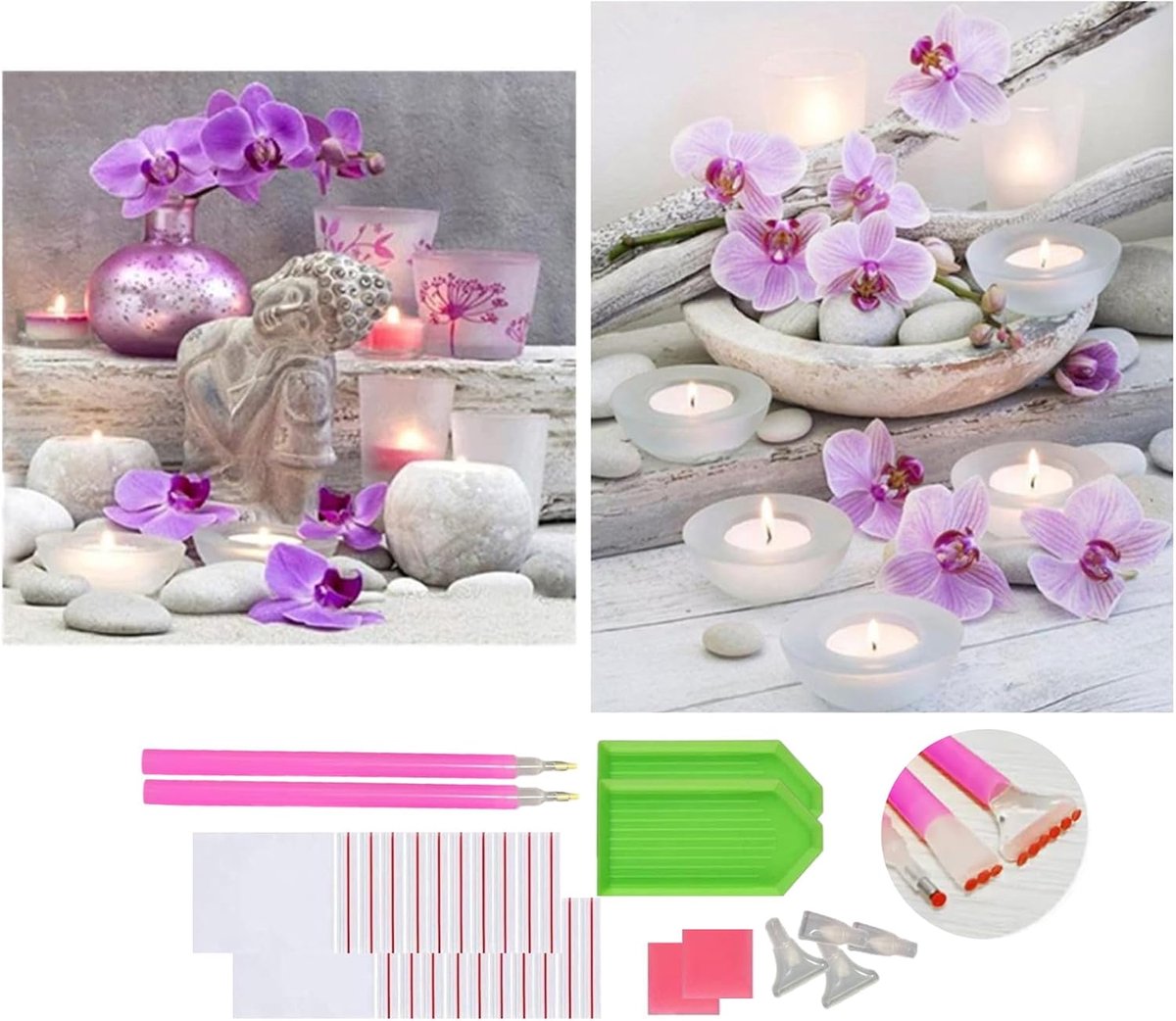 Painting Flowers voor Volwassenen, 5d Compleet Bloemen Diamond Painting Orchideeën en kaarsen Volwassenen DIY Diamantschilderij Afbeeldingen Home Decor (C)