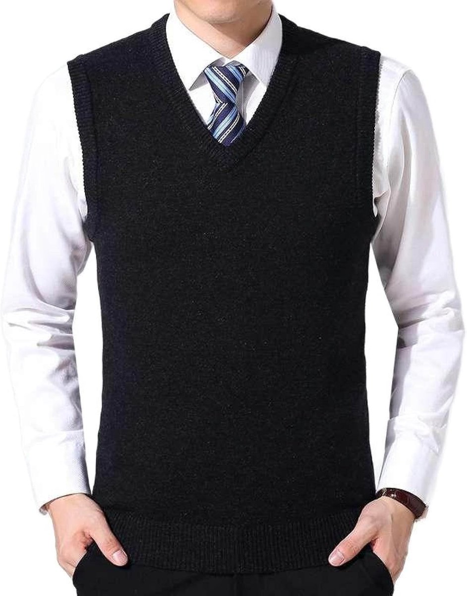 Herfst En Winter Heren Trui Met V-Hals, Jeugd Mouwloos Herenvest Effen Kleur Trui Vest, Klassiek Zakelijk Heren Breigoed Gebreid Vest Trui Tanktops, Zwart, S