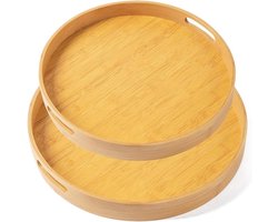 Set van 2 cirkels bamboe dienblad, massief hout, ontbijtdienblad met handgrepen, praktisch dienblad van hout, vevr voor diner, thee, koffie, bar, feestjes.