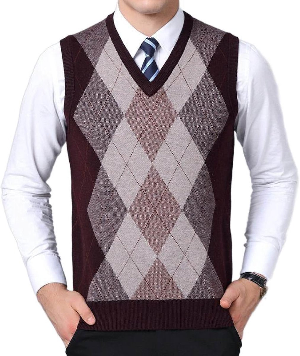 Argyle V-Hals Gebreid Vest, Klassiek Mouwloos Casual Pullover Trui Vest Kleurcontrast Dieptepunt Shirt, Business Gentleman Knitwear Gebreide Trui Tanktops,Rood,S