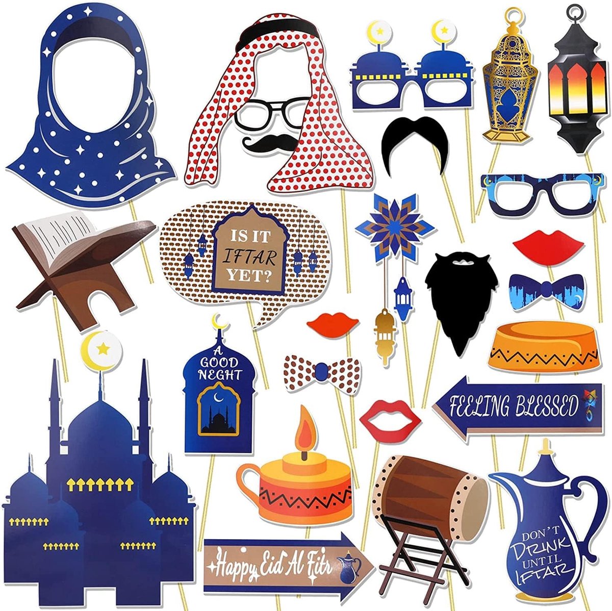 23 Stuks Eid Mubarak Photo Booth Props, DIY Mubarak Photo Booth Props Eid Party Accessories voor Ramadan Party Supplies Decorations