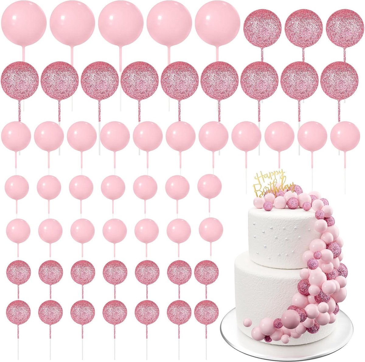 Lot van 60 taartdecoratie-ballen - Mini-ballonnen - Voor taartdecoratie, verjaardag, feest, babyshower (roze met glitter)