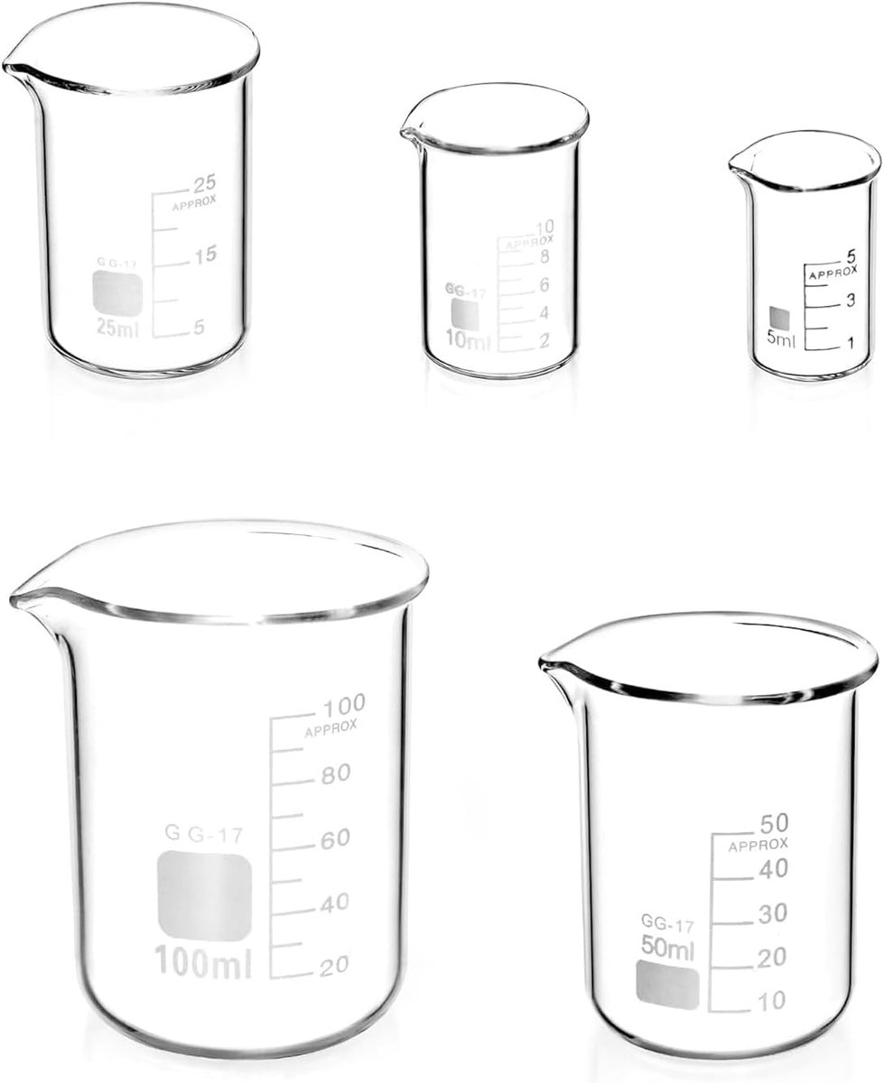 5 stuks maatbekers van borosilicaatglas met helder, 100 ml 50 ml 25 ml 10 ml 5 ml maatbeker borosilicaatglas voor laboratoriumexperiment geneeskunde