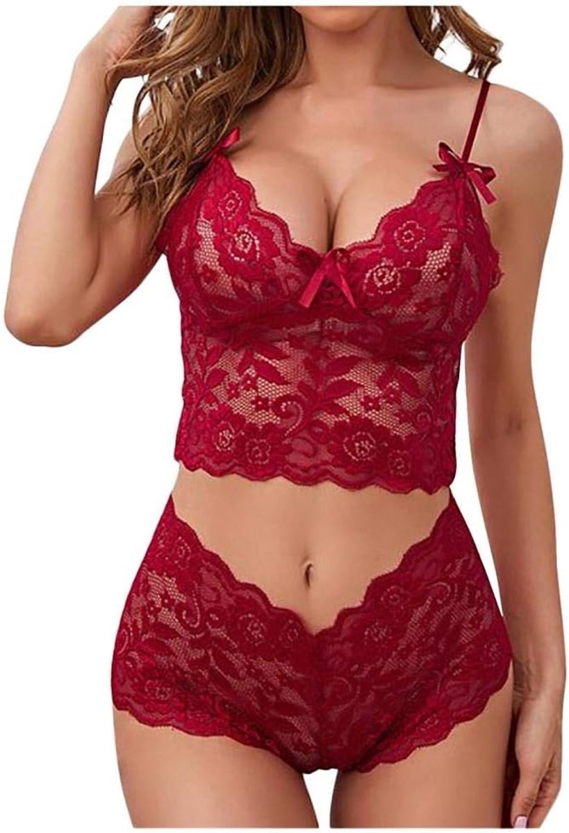 Nachtkleding kant lingerie sexy jurk met string voor damesVrouwen Sexy Lingerie Kant V-hals Effen Kleur Transparante Lingerie Vrouwen Pyjama Ondergoed Hol Porno Corset-Wine_red_M