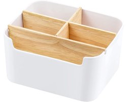 Organizer, Lre Co. Wooden Pen Holder Desktop Storage Remote Control Holder Wood Multifunctional Box Holder Set Bamboo Desk Accessories for Pencil Note Glasses Cosmetics, White