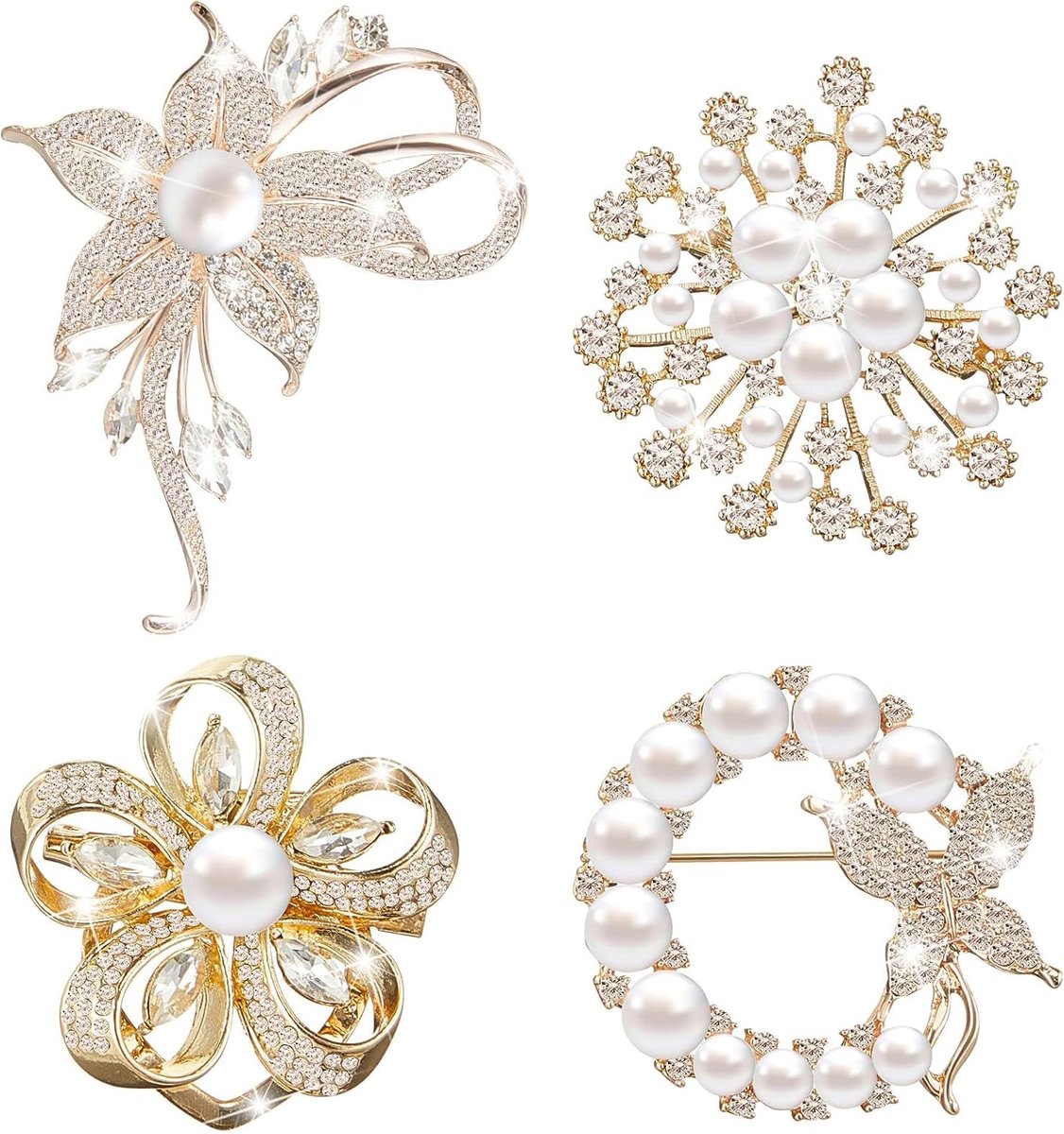 Broches in goud & roségoud met parels en kristallen, decoratieve spelden voor het verkleinen & versieren van halslijnen