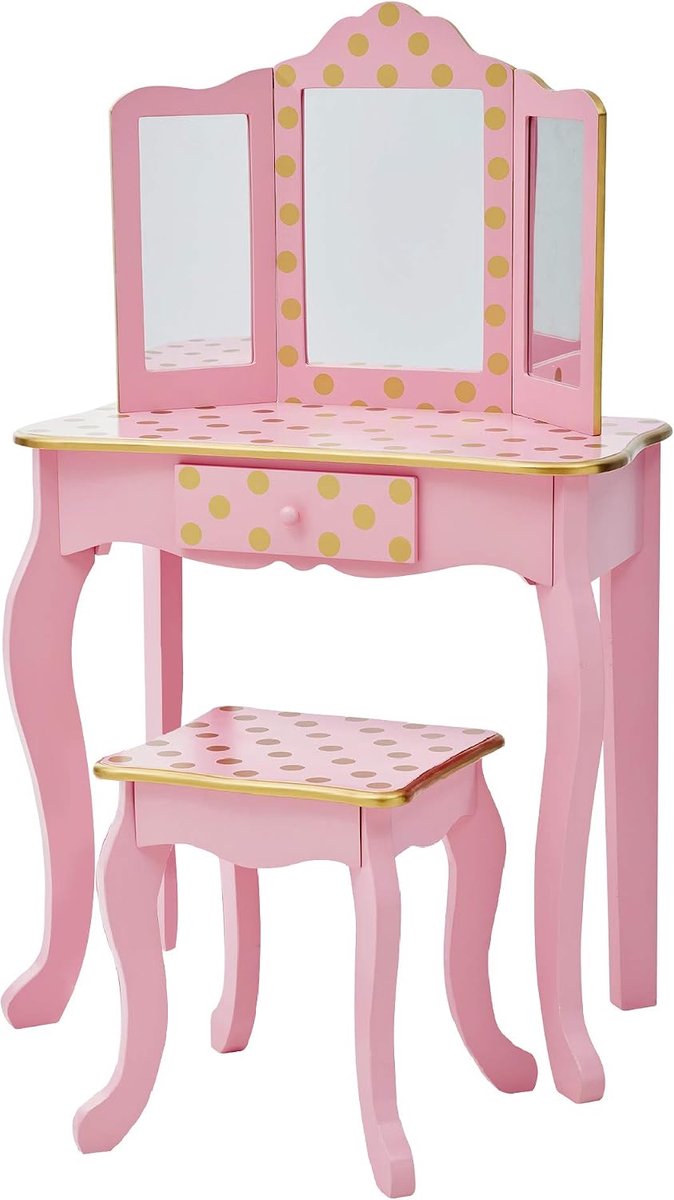 Kids Houten Kaptafel Kinderen - Tafel en Stoel Set - Polka Dot - Roze/Goud